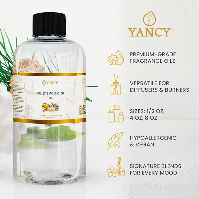 YANCY Night Swimming Luxury Collection Fragrance Oil (1/2 oz), Fresh Marine and Floral Scent, Soothing Aroma for Diffusers, Oil Burners & Aroma Lamps, Ideal for Nighttime Relaxation