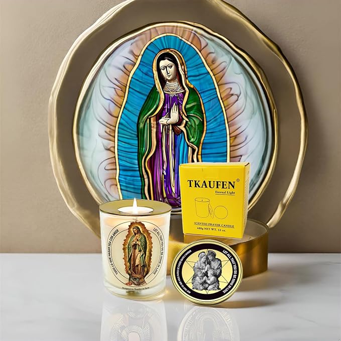 Lady Guadalupe Rose Scented Candle 50 Hours with Warmer Ring│Hand-Poured Natural Soy Wax│Universal Mother, Love, Patroness, Devotee, Blessing, Family Unity│Design in Paris│3“×3.6”