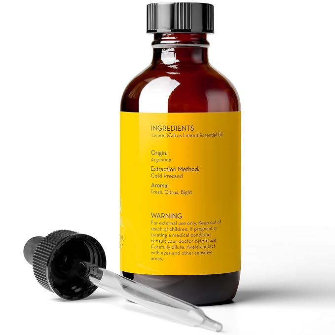 Pure Body Naturals Lemon Essential Oil, 4 fl oz - 100% Pure & Undiluted Lemon Oil for Diffuser and DIY - Natural Deodorizer, Laundry Freshener, Household Cleaner and Degreaser