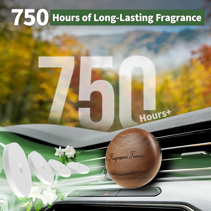 Wooden Car Air Freshener Vent Diffuser, Dark Brown Walnut Wood with Zinc Alloy Base, Refillable Essential Oil Compatible Car Vent Clip, Includes 4 Scented Pads, Long Lasting Natural Diffuser