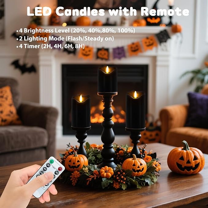 Flameless Candles Light, Set of 3 Flickering LED Candles with Remote & Timer, Dimmable Real Wax Electric Pillar Candles Battery Operated, Black Flameless Candles for Home Halloween Decor (Black)