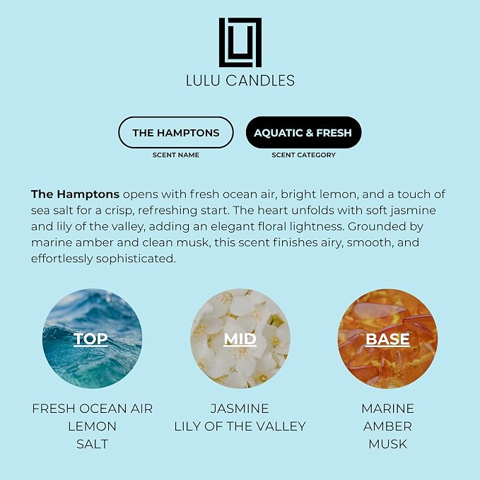 Lulu Candles | Reed Diffuser Set | The Hamptons – Fresh Citrus & Ocean Mist | 6 Reed Sticks | Scent Diffuser for Bedroom Bathroom Living Room & Office (4.2 FL Oz.)