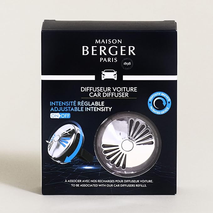 MAISON BERGER Car Diffuser, On/Off Flash Gun Metal, No Refill Included | Patented On/Off Intensity Control, Refillable Vent Clip, Holder Only, Ceramic Refill Sold Separately, Made in France