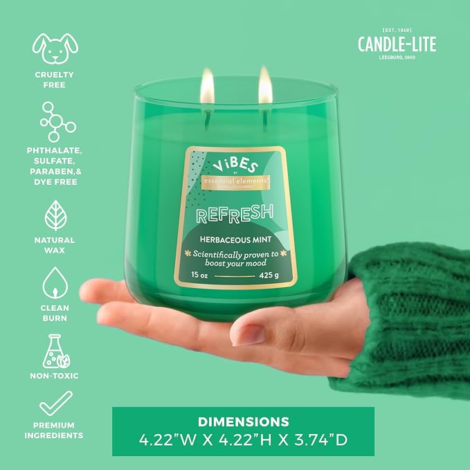 Candle-Lite Vibes Herbaceous Mint Mood-Enhancing Scented Candles, 15 oz Jar, Aromatherapy, Proudly Poured in The USA, 2-Wick, 86 Hours Burn Time, Perfect Relaxation Gift