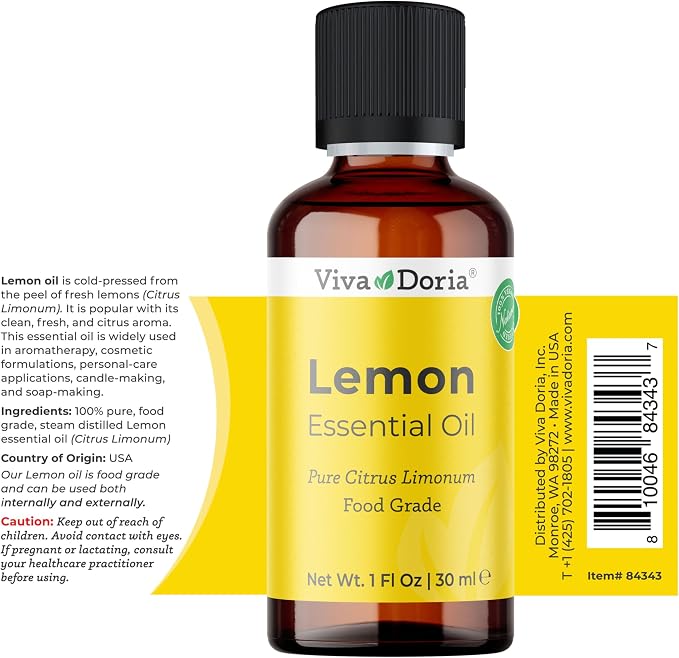 Viva Doria 100% Pure Lemon Essential Oil, Undiluted, Food Grade, USA Lemon Oil, 30 mL (1 Fl Oz)