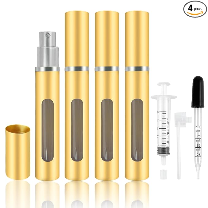 4 Pack Refillable Mini Perfume Atomizer Bottle，Portable Separate Bottles,Travel and Outings Spray Boxes Dispensers 5ml/0.2oz (Golden)