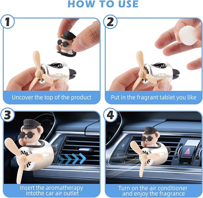 2pcs Car Air Fresheners Cute Cartoon Bear Pilot Automotive Air Outlet Propeller Car Diffuser Creative Car Perfume Decoration for Car Vent Clips for Women Men with 8 Fragrant Tablets(Bear + Teddy Bear)