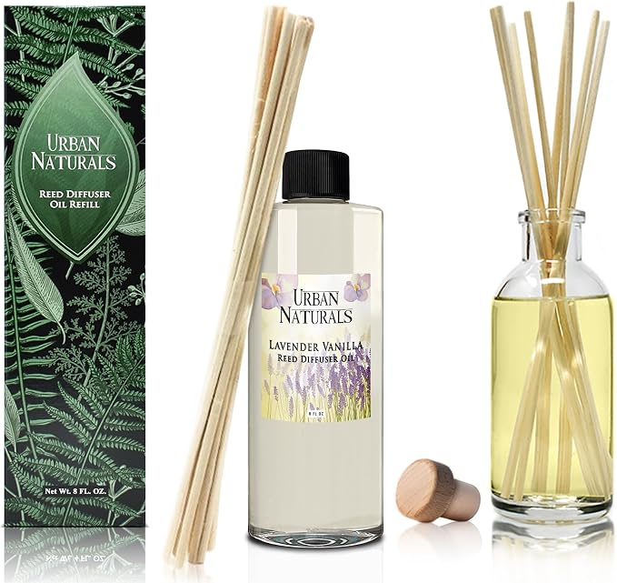 Urban Naturals Reed Diffuser Oil Refill Lavender Vanilla with Creamy Vanilla, White Woods 8 oz + Free Reed Sticks, Made in the USA