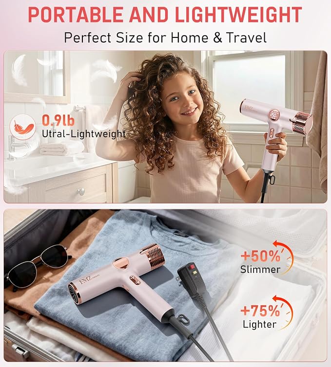 FMZ Professional Ionic Hair Blow Dryer with Smart Display, 1875W High Speed Brushless Motor for Fast Drying, Small Portable Light weight Low Noise, Curly Diffuser Blowdryer for Women Kids Salon Travel