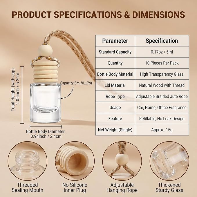 10 Pcs 5ml/0.17oz Hanging Car Air Freshener Bottles, Empty Clear Glass Diffuser Vials with Natural Wood Cap & Adjustable Rope, Refillable Car Perfume Pendant for Aromatherapy Fragrance Home Office