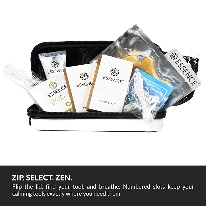 Essence Travel Amenity Kit | Travel Essentials & Travel Size Toiletries Kit | 5-Pack Nasal Diffuser Rings, Sleep Mask, Lotion & Hygiene Kit | Travel Toiletry Kit for Women | Gold Case