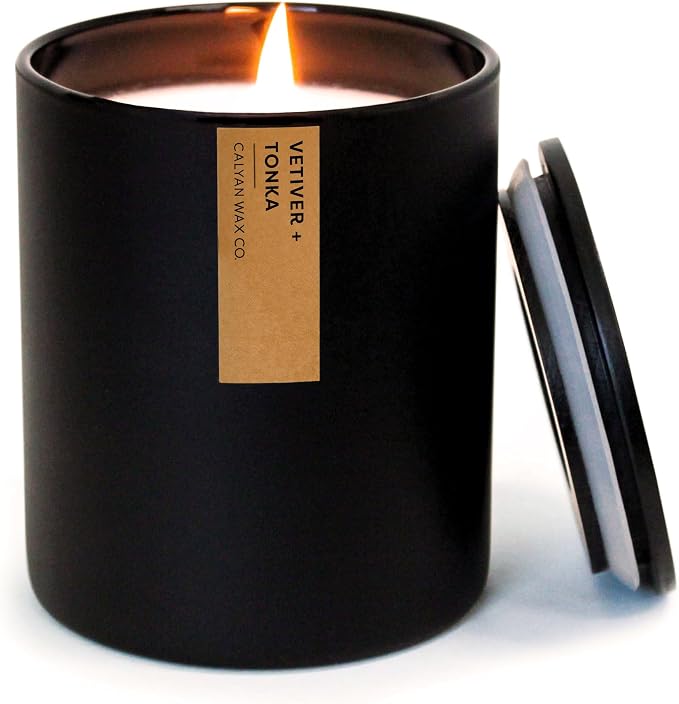 Calyan Wax Co. Vetiver & Tonka Scented Candle - 75 Hour Burn - Luxury Clean Soy Wax Candles - Long Lasting Black Tumbler Jar Candle for Home - 10.2oz