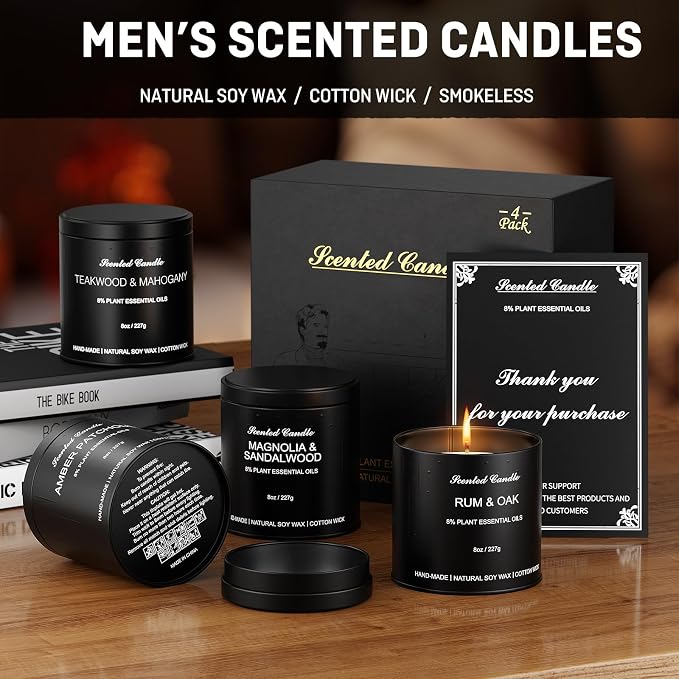Scented Candles for Men Set - 4 Pack Luxury Soy Wax Candles, 8oz Large Strong Scented Candles, Masculine Essential Oil Candles for Home, Aromatherapy Gift of Dad, Husband, Boyfriend