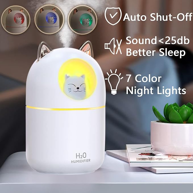 Small Humidifier Cute Portable Cool Mist Humidifier 300ML 7 Color Night Light USB Air Humidifier for Bedroom Office Desk Car Plants Travel (White)
