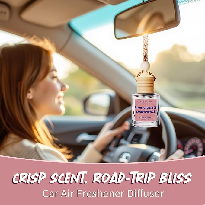 RAINBOW ABBY Hanging Car Air Freshener Diffuser 2 Pack - Pink Sparkle Champagne Fragrance Oil, 45+ Days Long Lasting, Essential Oil Diffuser for Car