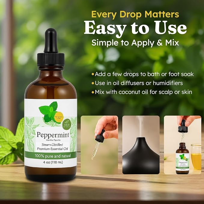 Steam Distilled Peppermint Essential Oil - Premium Hair Growth Oil for Scalp Stimulation & Refreshing Aroma - Essential Oil Supports Healthy Hair, Skin & Mental Clarity - 4oz