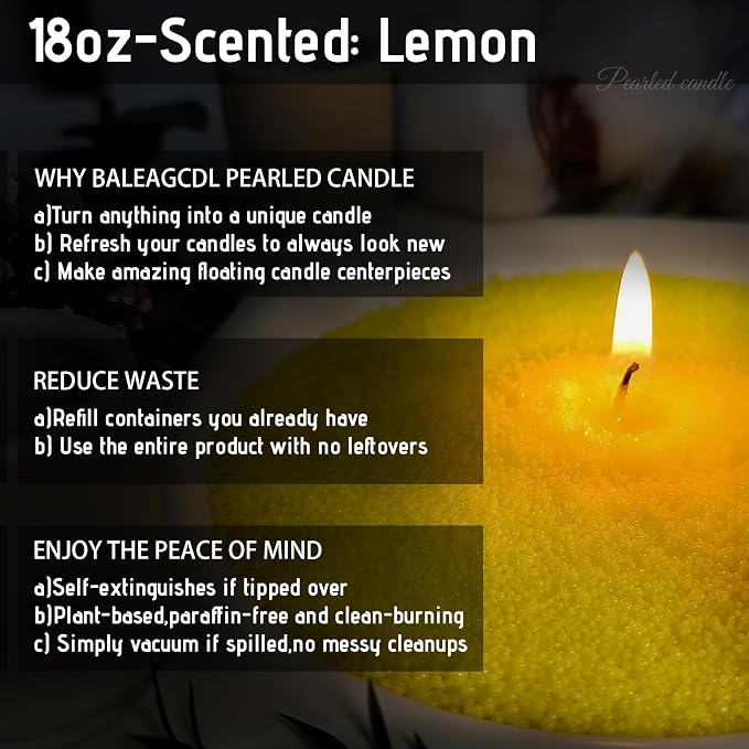 Pearled Candle – 18 oz Zesty Lemon Scented Sand Candles with 30 Wicks | Refillable Yellow Wax Long-Lasting Powder 120 Hours for Kitchen & Home Freshening Gifts