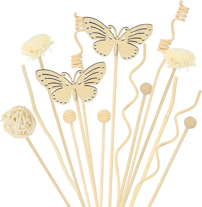 Amabro 15Pcs Natural Rattan Reed Diffuser Sticks Fragrance Oil Diffuser Flower Set Wood Beads Butterfly Replacement for Home Office Aromatherapy Decor