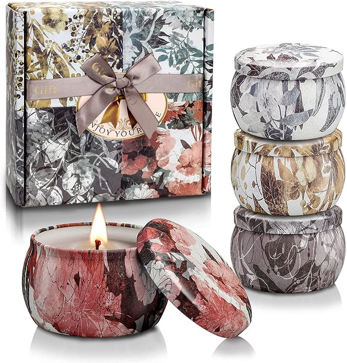 Scented Candles Gift Set, Aromatherapy Candles for Home Scented, 4.4 Oz Pack of 4 Tin Long Lasting Soy Candle, Birthday Gifts for Women Mom Bath Spa Meditation Bathroom Gift