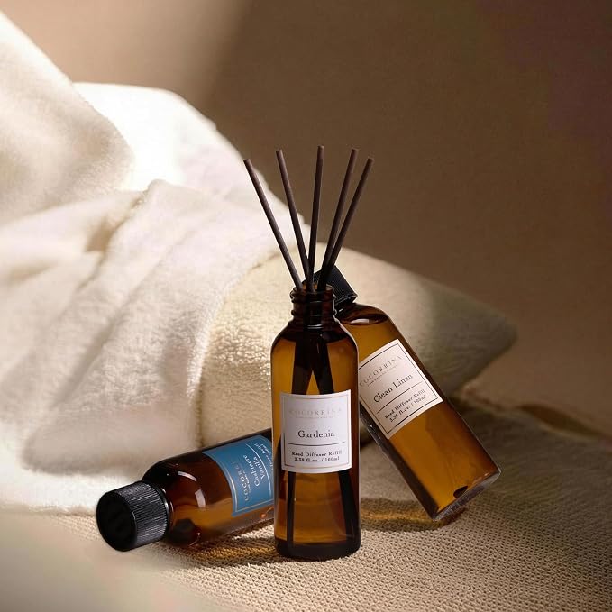 COCORRÍNA Reed Diffuser Refill Set, 10.2oz Scented Oil Refill 3 Pack, Clean Linen, Cashmere Vanilla, Gardenia, Long Lasting Oil Diffuser Refill with 18 Sticks for Bathroom & Bedroom