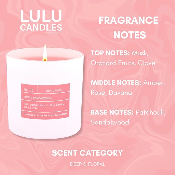 Lulu Candles | Rose & Sandalwood | Smells Floral & Woody | Luxury Scented Soy Jar Candle | Hand Poured in The USA | Highly Scented & Long Lasting (9 Oz. Limited Edition)