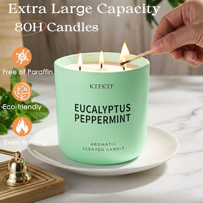 Eucalyptus Peppermint Scented Candle for Home, 14.1oz 80 Hours Long Lasting Aromatherapy Candles for Stress Relief & Energy, Non-Toxic Essential Oil & Soy Wax | Cooling Mint & Woody Aroma