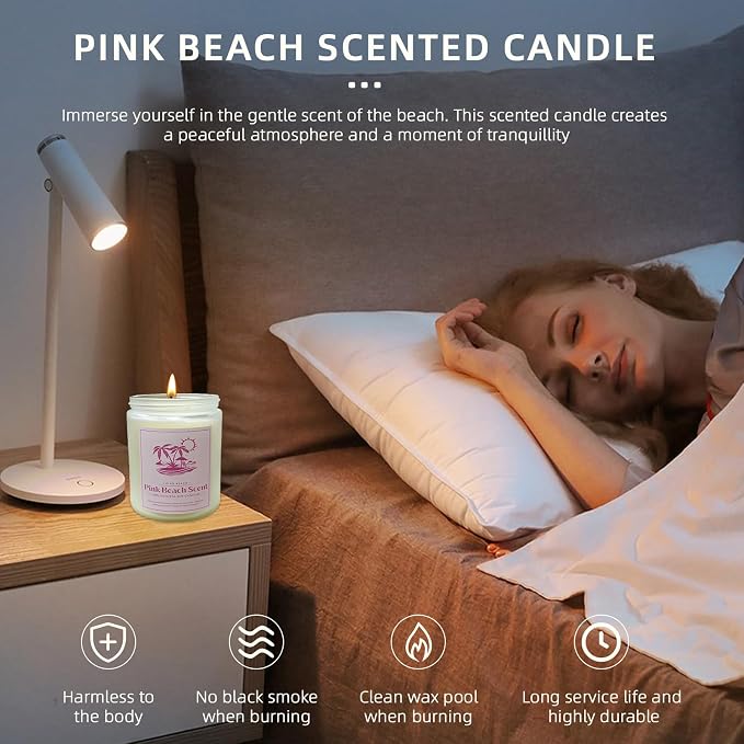 Pink Beach Scented Candle, 9 oz Natural Soy Candles for Home Scented, 50 Hour Burn Time, Home Decor Gift for Women, Friends, Family
