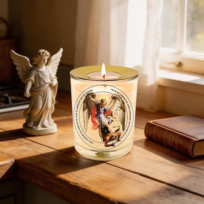 San Miguel Arcángel St. Archangel Michael Prayer Candle 50 Hours with Warmer Ring│Hand-Poured Soy Wax│Protection from Terror, Evil Banishing, Spiritual Warrior, Energetic, Defender│3“×3.6”