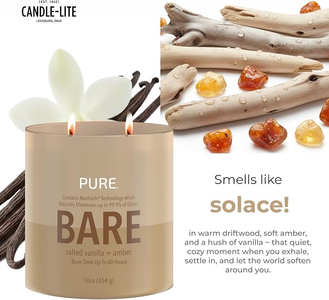 Candle-Lite Pure Salted Vanilla & Amber Odor Eliminating Scented Candles, Neofresh Technology Eliminates 99.9% of Odors, 16 oz 2-Wick Jar, Proudly Poured in The USA, Up to 60 Hours Burn Time