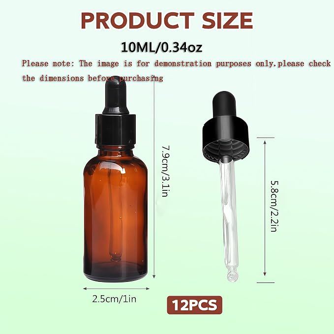 erioctry 5ML/10ML Amber Glass Essential Oil Bottles and Eyed Dropper Black Caps Makeup Cosmetic Sample Container Boxes of Glass for Essential Oil Aromatherapy Use(Pack of 12) (10ML)