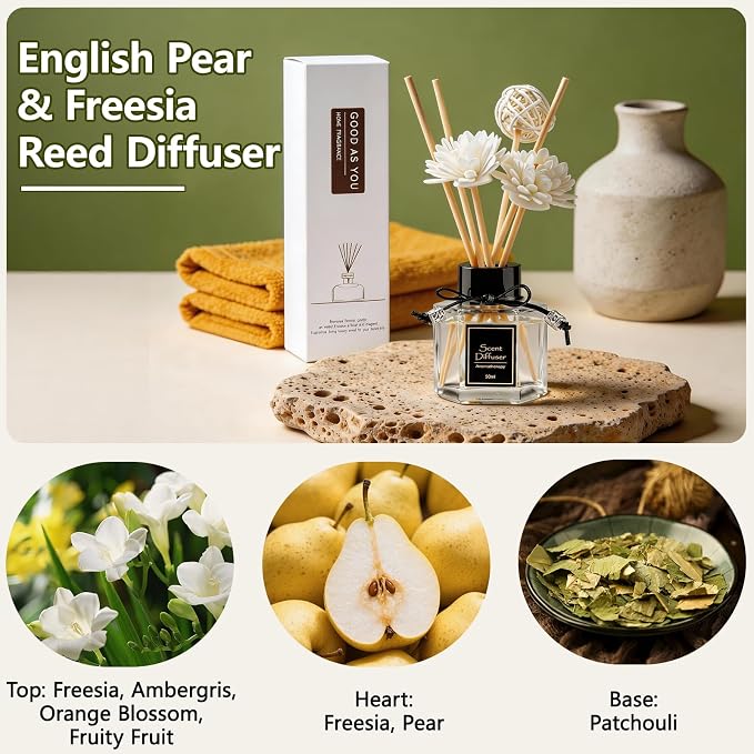 English Pear & Freesia Reed Diffuser 1.7 fl oz, Fruity Floral Home Fragrance, Plant-Based Non-Toxic Essential Oil with 6 Scent Sticks, Long-Lasting Air Freshener for Bathroom & Living Room