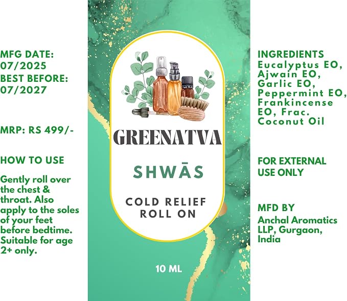 Shwas Cold Sore Throat Relief Roll On Essential Oil for Cough & Congestion, Eucalyptus, Peppermint Frankincense Essential Oil Blend for Breathing Comfort, Adults & Kids 10ml / 0.33 fl oz