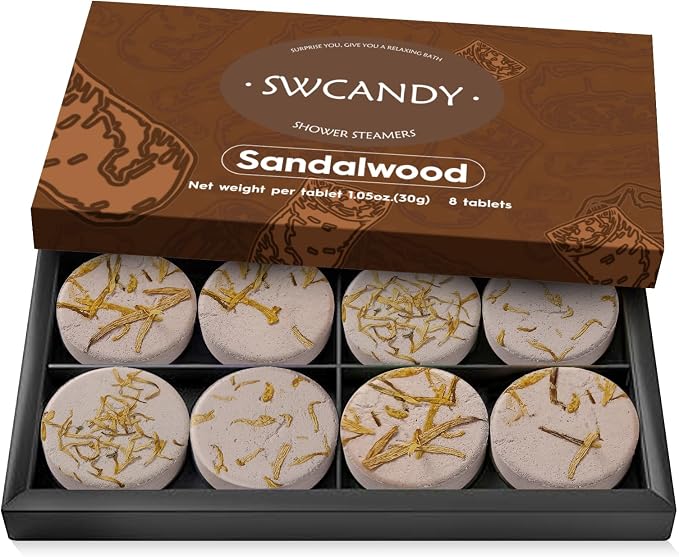 SWCANDY Shower Steamers Aromatherapy Birthday Gifts for Women Travel Essentials, 8 Pcs Sandalwood, Bath Bombs Shower Bombs with Natural Essential Oils, Relaxation Home SPA