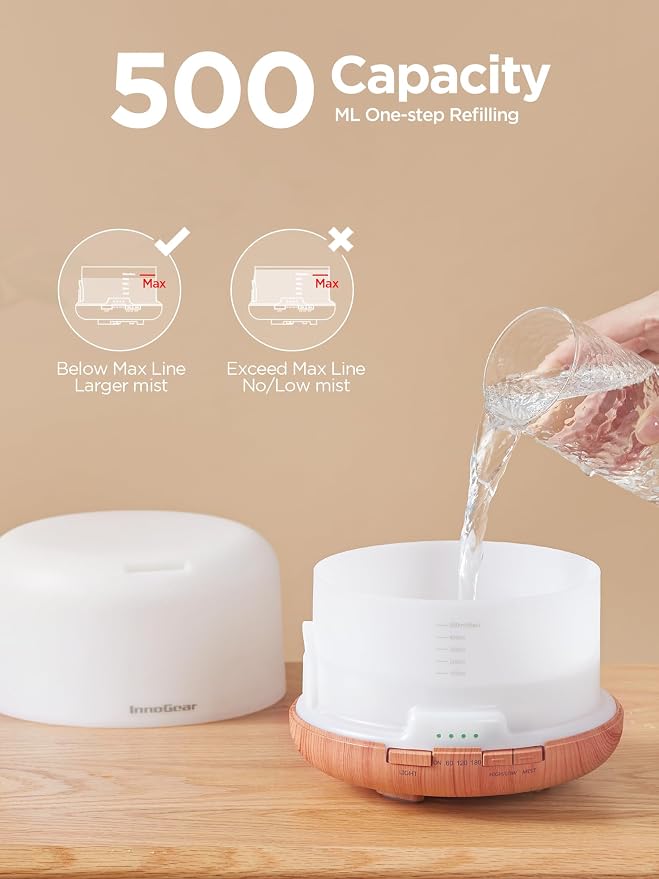 InnoGear 500ml Essential Oil Diffuser with Remote Control, Premium Ultrasonic Aromatherapy Diffusers Mother's Gift Scent Humidifier Vaporizer Auto-Off Timer for Large Room Home, Yellow