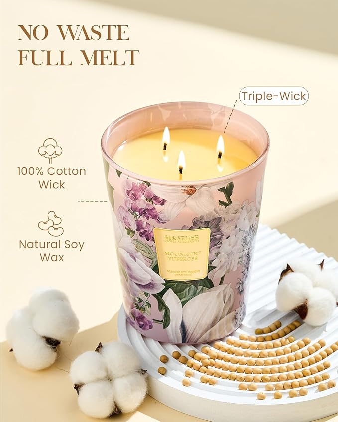 M&SENSE Moonlight Tuberose Large Scented Candle, 35oz 3 Wick 150H Long Lasting Natural Soy, Organic Relaxing Aromatherapy Candle, Housewarming Gifts