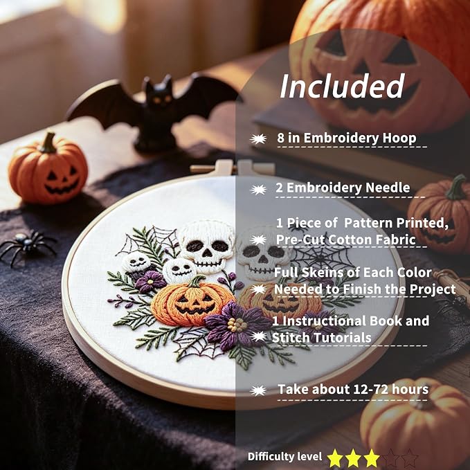 FONNUY Halloween Embroidery Kits for Beginners,Skull Pumpkin Spider Web Floral Stamped Cross Stitch Kit for Adults, Spooky Season Boho Wall Decor, 8'' Hoop (Skull)