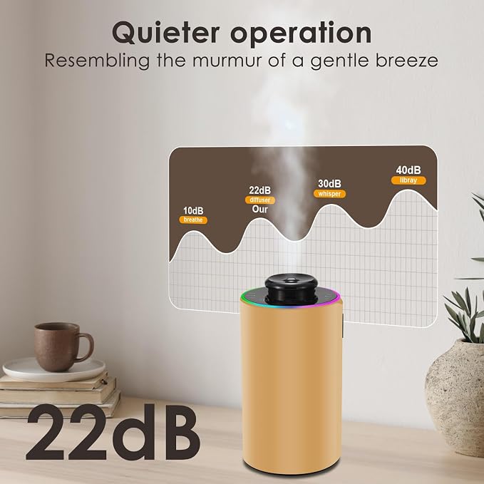 Waterless Essential Oil Diffuser with 8 Color LED Night Light, 3 Mist Levels & Timers, Portable Rechargeable Aromatherapy Diffuser for Home Car Room Studio Office, Metal (Gold)
