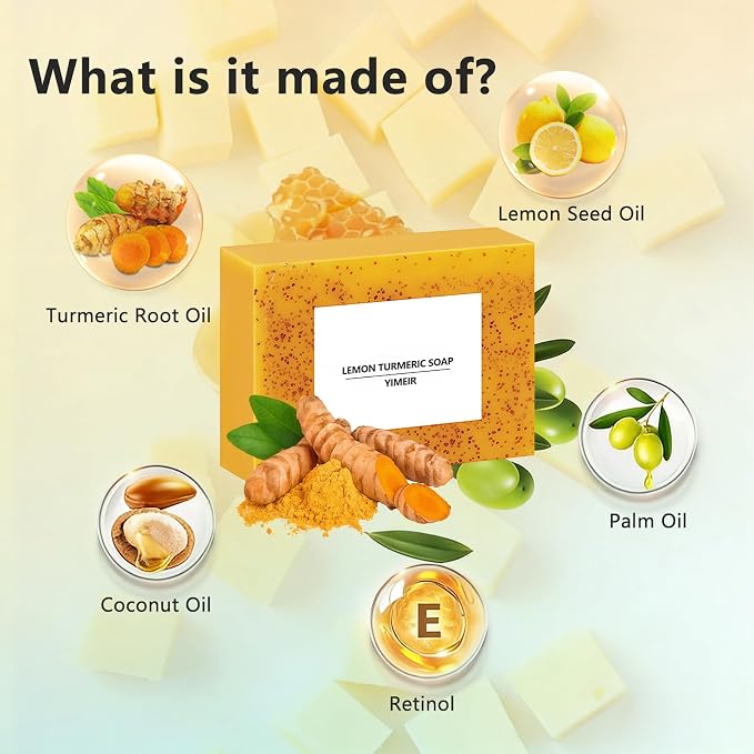 Turmeric Soap Bar - Handmade Lemon & Ginger Soap Bar, 100% Natural Brightening for Dull Skin, Antioxidant Face & Body Soap, Outdoor Home Use, Fit All Skin Type 4.1 oz