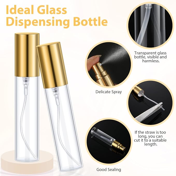 Yinder 25 Pcs 10 ml Glass Refillable Perfume Bottles Bulk Travel Empty Perfume Atomizer Sprayers Portable Spray Bottles Mini Sample Fragrance Containers, Gold