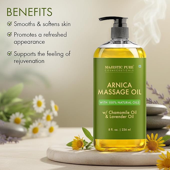 MAJESTIC PURE Arnica Sore Muscle Massage Oil for Massage Therapy - Refreshing and Relaxing - Natural Oils with Lavender & Chamomile Essential Oils - All Skin Types - Men & Women Massage Lotion-8 fl oz