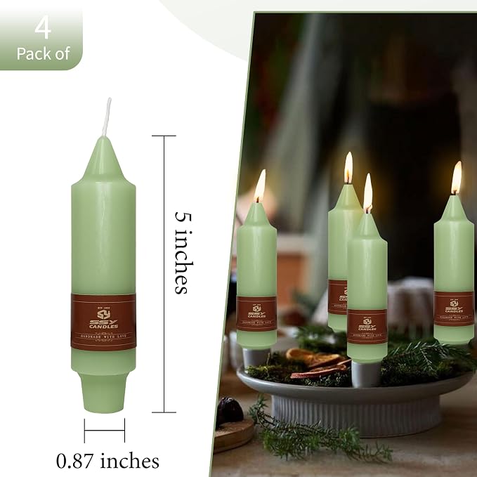 5 in Unscented Taper Candles Light Green Candles 4 PCS Smokeless Small Candlesticks for Dinner Household Wedding Party Home Décor