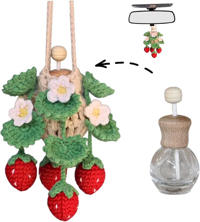 ROFIGL Handmade Crochet Hanging Car Air Freshener - Cute Strawberry Plant Design, 12ml Refillable Thick Glass Bottle, Car Diffuser for Rearview Mirror, Home & Office Decor