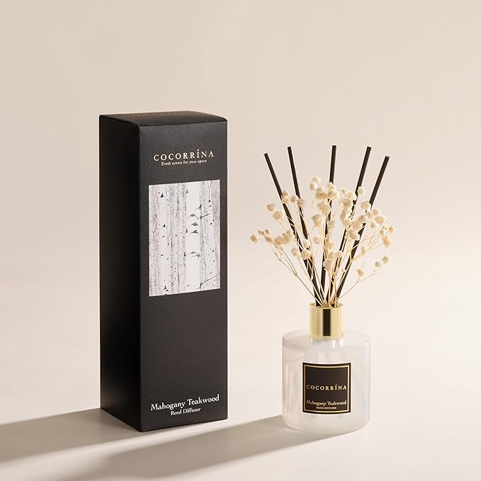 COCORRÍNA Reed Diffuser - Mahogany & Teakwood 6.7 fl oz Scented Diffuser with 8 Sticks Home Fragrance Reed Diffuser for Bathroom Shelf Decor