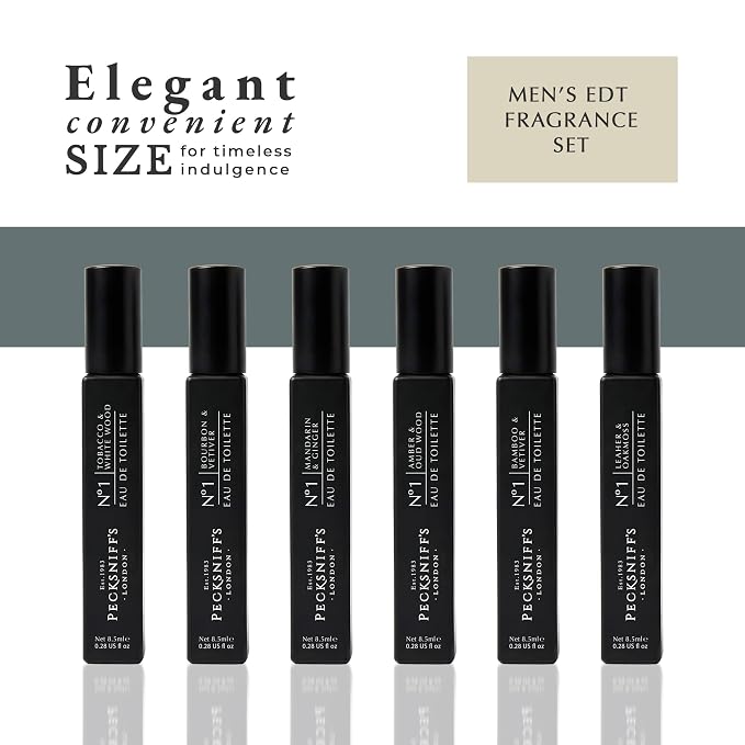 Pecksniff’s Men’s Essentials Fragrance Gift Set – 6x10 ml Eau de Toilette Collection – Luxury Mini Cologne Sampler, Designed in England