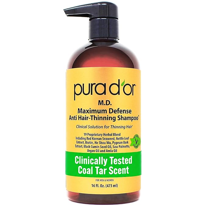 PURA D'OR MD Anti-Hair Thinning Maximum Defense Shampoo - 0.5% Coal Tar, Biotin, Proprietary Herbal Blend For Dry & Itchy Scalp, No Sulfates - For Men & Women, Strong Coal Tar Scent 16 Oz
