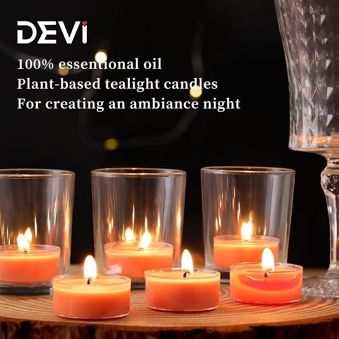 DEVI Golden Coast Citrus Highly Scented Tea Lights Candles 48 Pack, 5-6 Hours Natural Palm Tea Candles for Home Scented, Scented Small Votives with Essential Oils for Relaxing