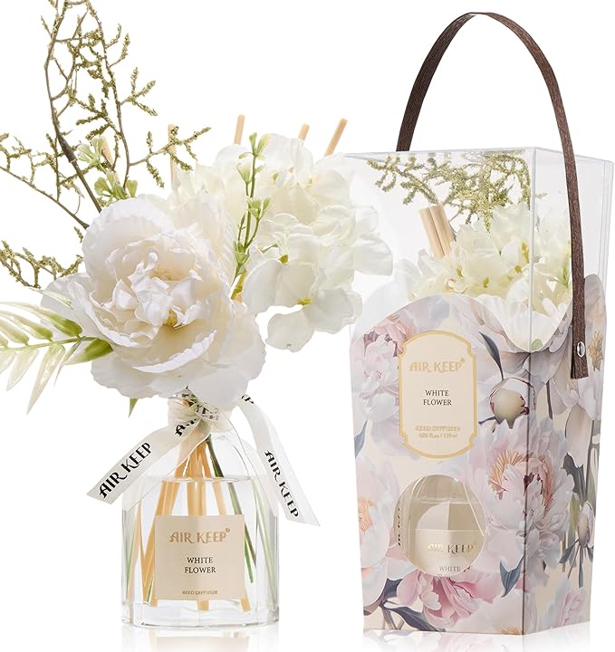 Airkeep Flower Reed Diffuser Set, White Flower Diffuser Gift Set,4.06 fl oz Essential Oil Sticks Diffusers for Bathroom Air Freshener, Aromatherapy Home Fragrance for Shelf Decor,Gift for Women Mom