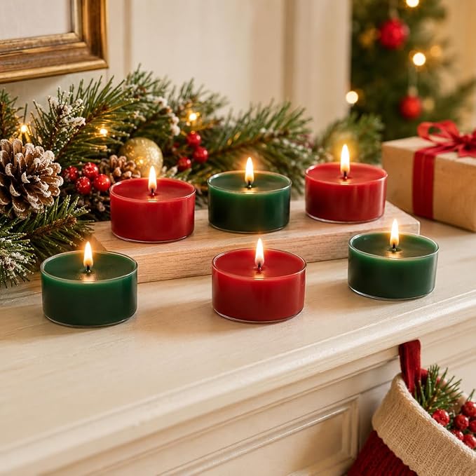 Red & Green Tea Lights Set of 24, Apple Cedar Scented Tealight Candles, Handmade Tea Candles, Long Burning Tealights for Romantic Wedding Home Decor Gift