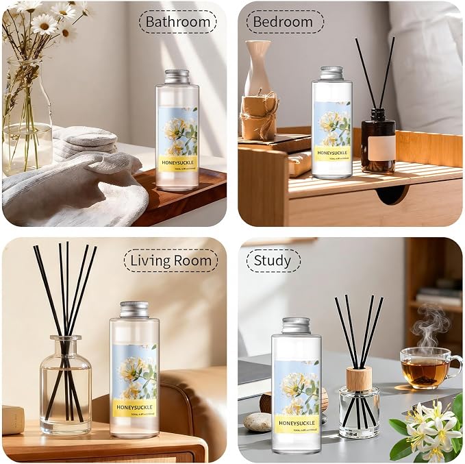STRN Reed Diffuser Oil Refill, Honeysuckle Scented Diffuser Oil Refills with 6 Reed Sticks 200ML(6.8fl.oz), Room Fresheners for Home, Long-Lasting Summer Fragrance for Living Room, Bedroom, Office