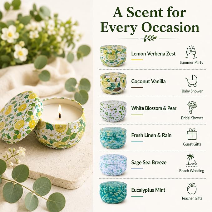 24 Pack Mini Scented Candles for Party Favors, 2.5 oz Soy Wax Tin Candle Gift Set, 6 Fresh Botanical Scents x 4 Each, Small Gifts for Bridal Shower, Baby Shower, Wedding Favors, Teachers